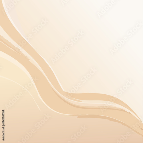 ベージュとクリーム色のグラデーションが美しい抽象的なウェーブ背景素材。液体ファンデーションや滑らかな布のような質感を持つ曲線デザインは、美容、コスメ、スキンケア、リラクゼーションなどの広告やウェブデザインの背景に最適です。