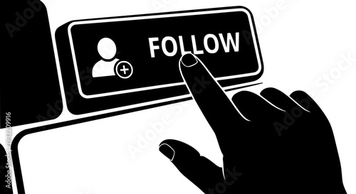 Black and white illustration depicting a human hand's index finger pressing a digital follow button on a social media interface, indicating online engagement and networking on transparent background. 