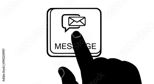 Silhouette of a human index finger tapping a digital message icon button interface element labeled message on transparent background