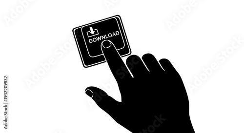 Hand silhouette pressing glowing 'DOWNLOAD' button, symbolizing online data acquisition, software installation, or digital content retrieval. 
