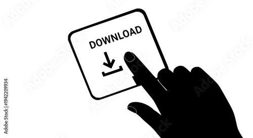 A stylized black silhouette hand with a finger pressing down on a light gray square download button with an arrow icon for web user interface on transparent background. on transparent background