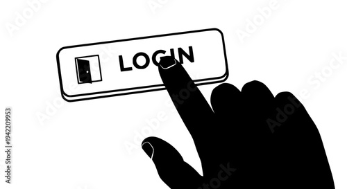 Silhouette finger pressing prominent rectangular button labeled 'LOGIN' next to small icon representing an open door on transparent background. on transparent background