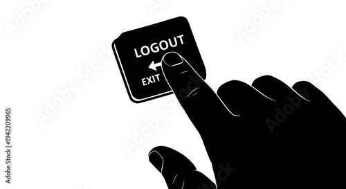 Black silhouette of a hand pressing a large square button labeled logout and exit for digital security or ending an online session on transparent background