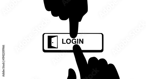 Black silhouette hands pointing towards a prominent 'LOGIN' button with a door icon, symbolizing digital access and secure entry online on transparent background. on transparent background