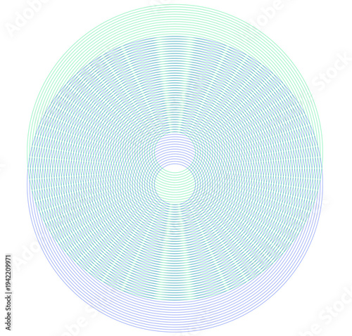 Concentric interference pattern: Minimalist blue and green circular moire geometry. Design for tech presentations, optical illusion posters, or abstract vinyl covers. Transparent SVG version.
