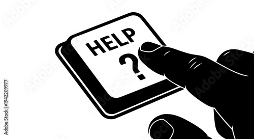 Silhouette hand about to press large white computer keyboard button labeled HELP with a question mark icon on transparent background
