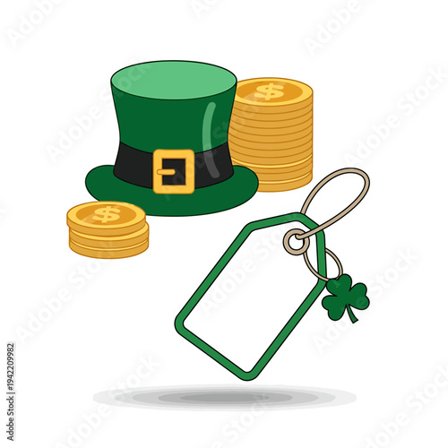 St Patrick Day Leprechaun Hat and Gold Coins with Shamrock Tag. Vector Icon. EPS Editable