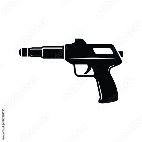 A stark black silhouette depicts a modern semi automatic handgun