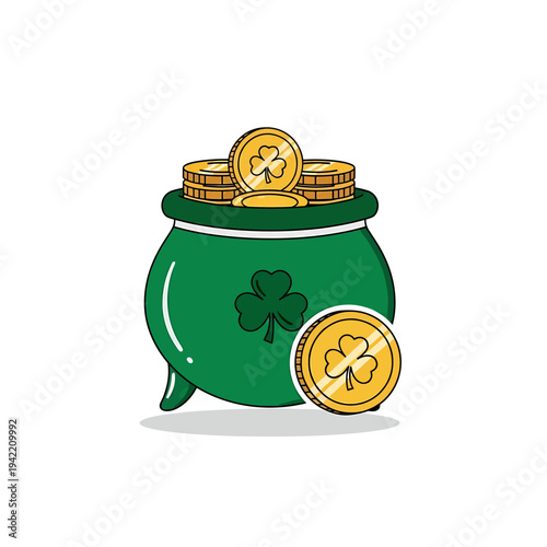 St Patrick Day Pot Of Gold With Clover Illustration. Vector Icon. EPS Editable