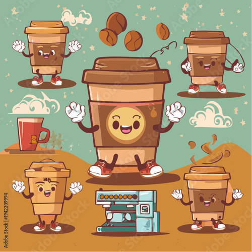 笑顔で元気いっぱいにポーズをとる可愛いコーヒーカップのキャラクターたちが描かれた、レトロな雰囲気の楽しいイラストレーションセットであり、コーヒー豆やエスプレッソマシンも含まれたカフェや朝の活力を表現するクリエイティブなデザイン素材。