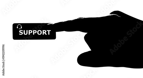 Silhouette of human finger about to press rectangular black button labeled with white text "SUPPORT" and headphone icon on transparent background