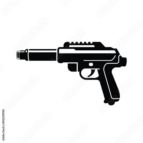 A stark black silhouette of a submachine gun isolated on white