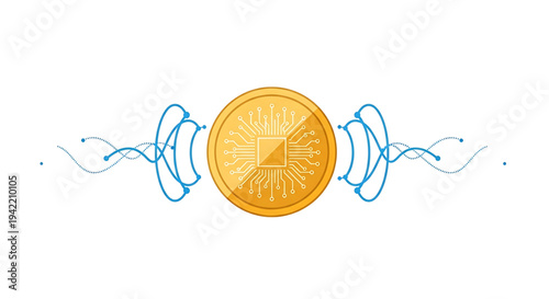 Golden digital coin with circuit design and abstract blue data flow lines, representing blockchain technology, cryptocurrency, and secure financial innovation