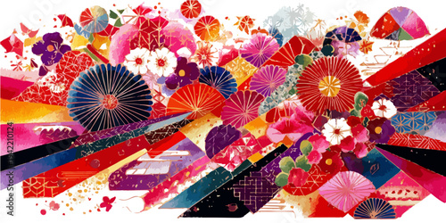 Wzorzysta kompozycja japońskich wachlarzy i kwiatów w żywych, tradycyjnych barwach, idealna na tło.
