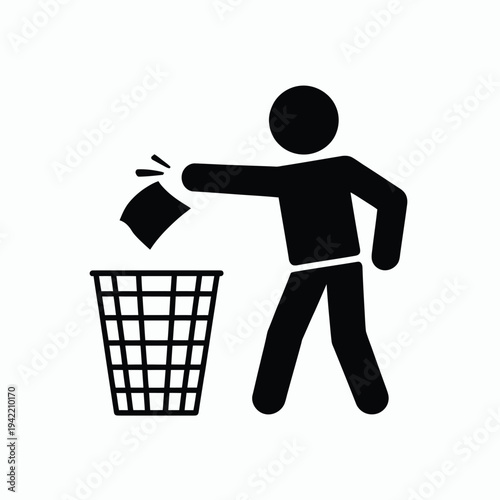 A person discarding trash into a wastebasket a simple pictogram illustration