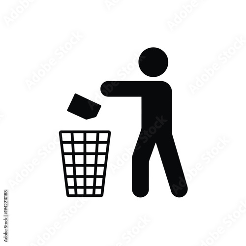 Simple black silhouette depicting a person discarding trash into a bin