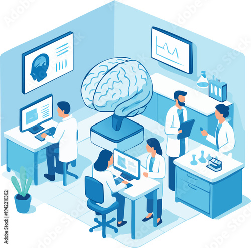 Neuroscience Research Laboratory with Scientists Studying Human Brain Isometric Vector Illustration