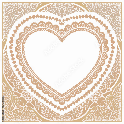 ベージュの背景に繊細な白いレース編みのハート型フレームが描かれたエレガントなイラスト。ヴィンテージ風の装飾的なデザインで、結婚式やバレンタインデーのメッセージカード、フォトフレーム、背景素材として最適な、華やかでロマンチックな雰囲気のグラフィック素材です。