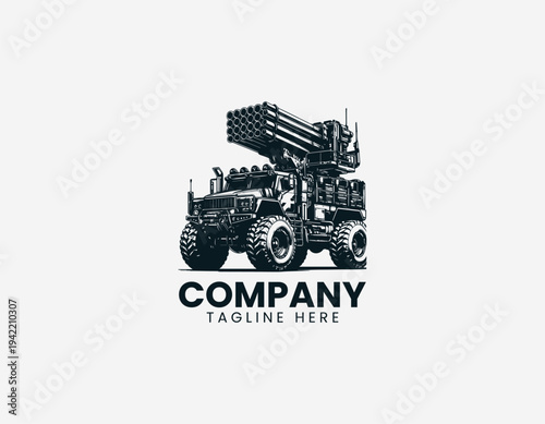 Heavy off road rocket launcher truck with rugged military vehicle design in detailed monochrome vector illustration style