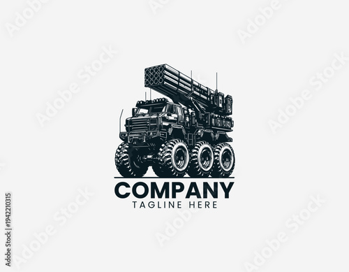Heavy off road rocket launcher truck with rugged military vehicle design in detailed monochrome vector illustration style