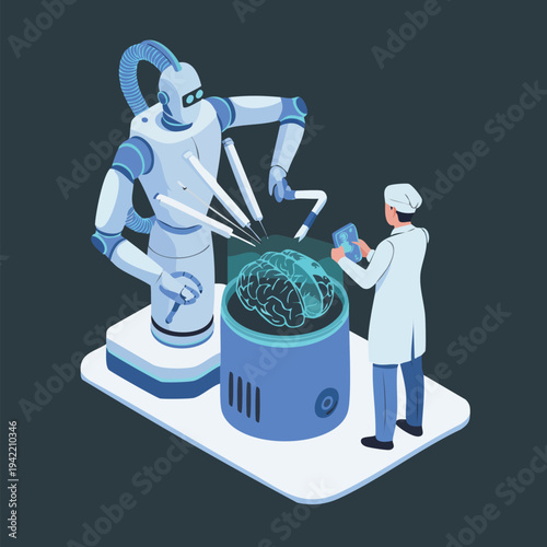 Robotic Neurosurgery System Performing Brain Operation with Doctor Isometric Vector Illustration