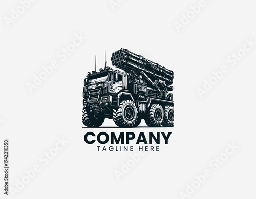 Heavy off road rocket launcher truck with rugged military vehicle design in detailed monochrome vector illustration style
