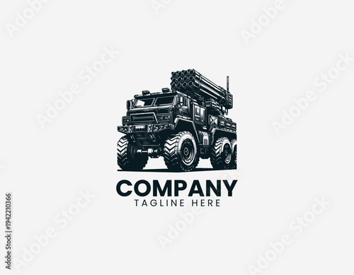 Heavy off road rocket launcher truck with rugged military vehicle design in detailed monochrome vector illustration style