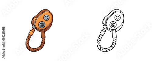 Cartoon climbing belay device illustration in flat colored and linear styles with brown and metallic details used for adventure sports equipment isolated on white background