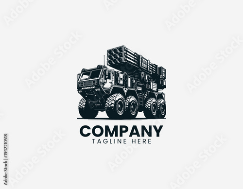 Heavy off road rocket launcher truck with rugged military vehicle design in detailed monochrome vector illustration style