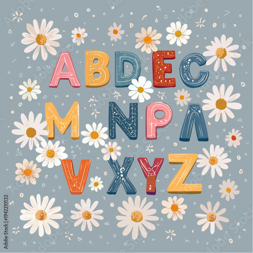 パステルカラーで描かれた可愛らしい手書き風のアルファベット文字と白いデイジーの花々が散りばめられた、春らしくて楽しい雰囲気のグラフィックデザイン背景イラスト素材。子供向けの教育素材やメッセージカードの装飾に最適な、明るく華やかなデザイン。