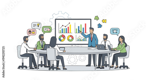 Vector illustration of business team meeting with presentation