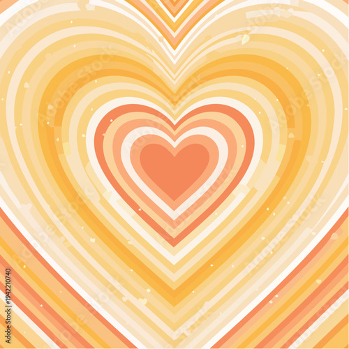 Abstrakcyjne, koncentryczne serce w ciepłych odcieniach pomarańczu i żółci, retro wzór tła.