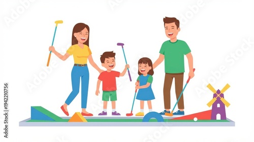 Happy Family Playing Mini Golf Together.