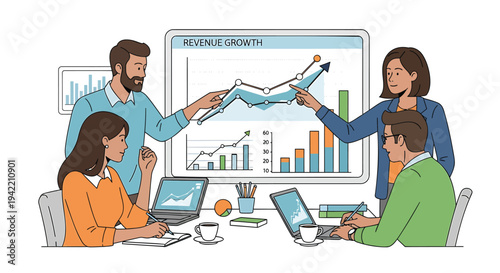 Vector illustration of business people analyzing revenue growth charts