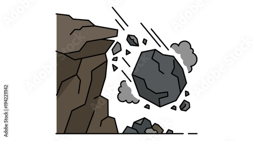 Minimal outline vector of a large falling rock from a cliff, rockfall disaster concept