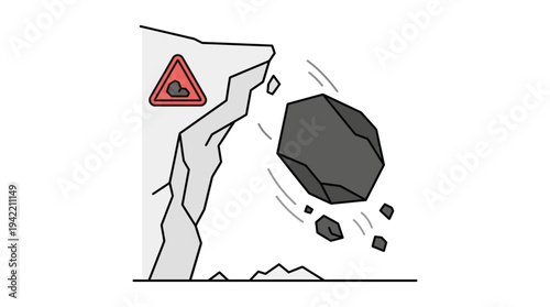 Minimal outline vector of a large falling rock from a cliff, rockfall disaster concept