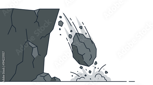 Minimal outline vector of a large falling rock from a cliff, rockfall disaster concept