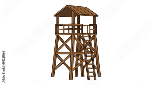 Flat vector outline illustration of a wooden observation tower with ladder, simple lookout structure made of timber beams