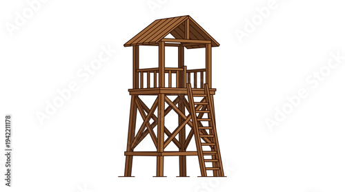 Flat vector outline illustration of a wooden observation tower with ladder, simple lookout structure made of timber beams