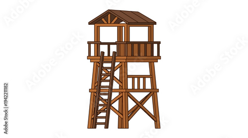 Flat vector outline illustration of a wooden observation tower with ladder, simple lookout structure made of timber beams