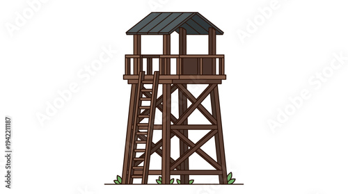 Flat vector outline illustration of a wooden observation tower with ladder, simple lookout structure made of timber beams