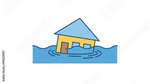Flat vector outline illustration of a flooded house with rising water, flood disaster concept, simple geometric shapes, solid colors only