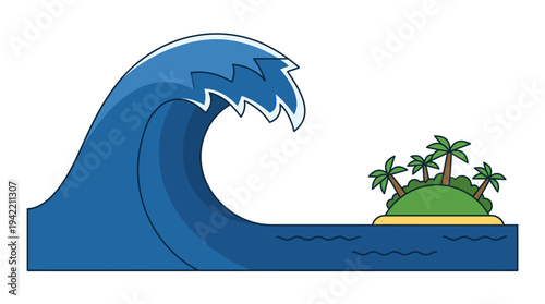 Flat vector outline illustration of a large ocean wave approaching a small island, tsunami natural disaster concept, simple geometric shapes