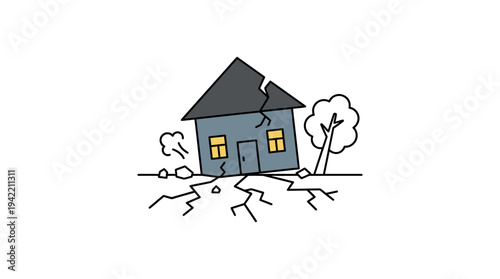 Minimal outline vector of a cracked ground with broken house, earthquake disaster concept