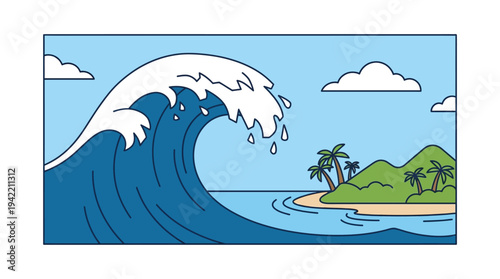 Flat vector outline illustration of a large ocean wave approaching a small island, tsunami natural disaster concept, simple geometric shapes