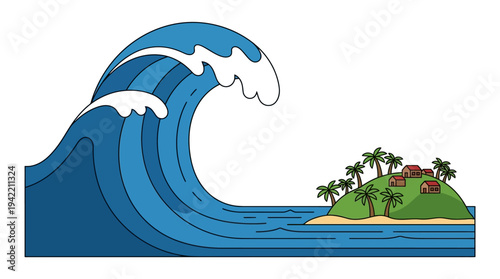 Flat vector outline illustration of a large ocean wave approaching a small island, tsunami natural disaster concept, simple geometric shapes