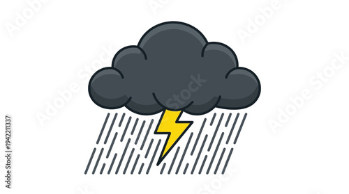 Minimal outline vector of dark storm cloud with heavy rain and lightning, severe weather disaster concept, simple flat illustration