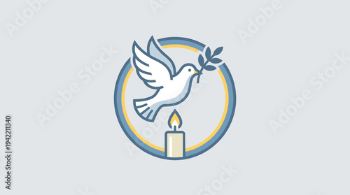 Peace Dove Emblem with Olive Branch and Candle Circle. Vector Illustrations. EPS Editable