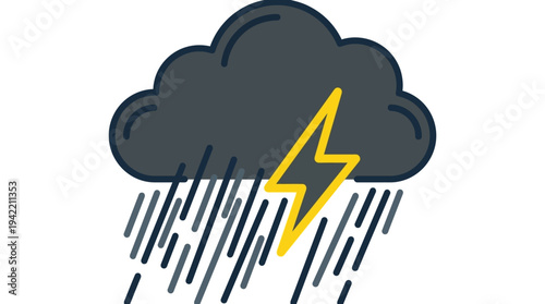 Minimal outline vector of dark storm cloud with heavy rain and lightning, severe weather disaster concept, simple flat illustration