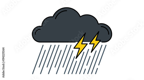 Minimal outline vector of dark storm cloud with heavy rain and lightning, severe weather disaster concept, simple flat illustration